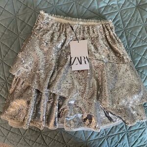 ZARA Silver Sequin Ruffle Skirt